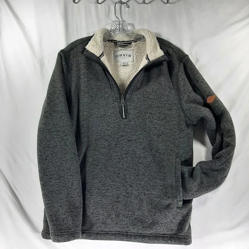 Orvis Mens Quarter Zip Sherpa Lined Fleece Pullover Sweater Gray Marl 1433070